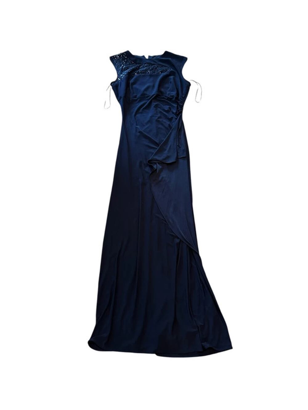 R&M Richards Navy Blue Sequin Illusion Shoulder Cascade Ruffle Gown Dress 14 EUC